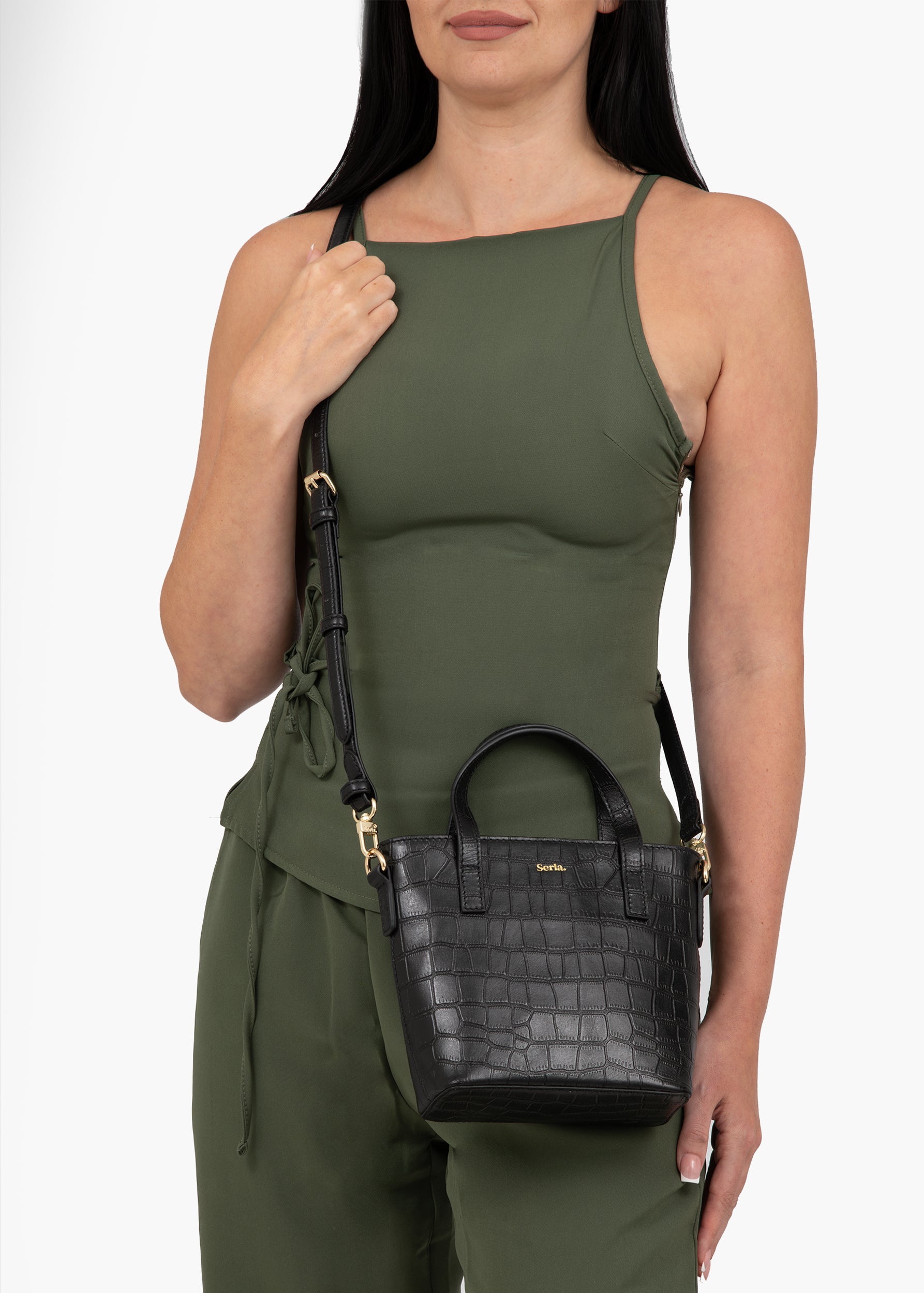 Isla Black Croc Top Handle Crossbody Bag